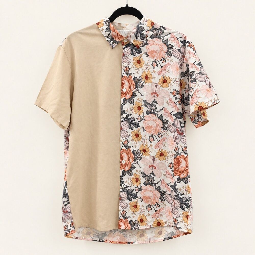 {SHEIN} floral colorblock short-sleeve button-front shirt, L